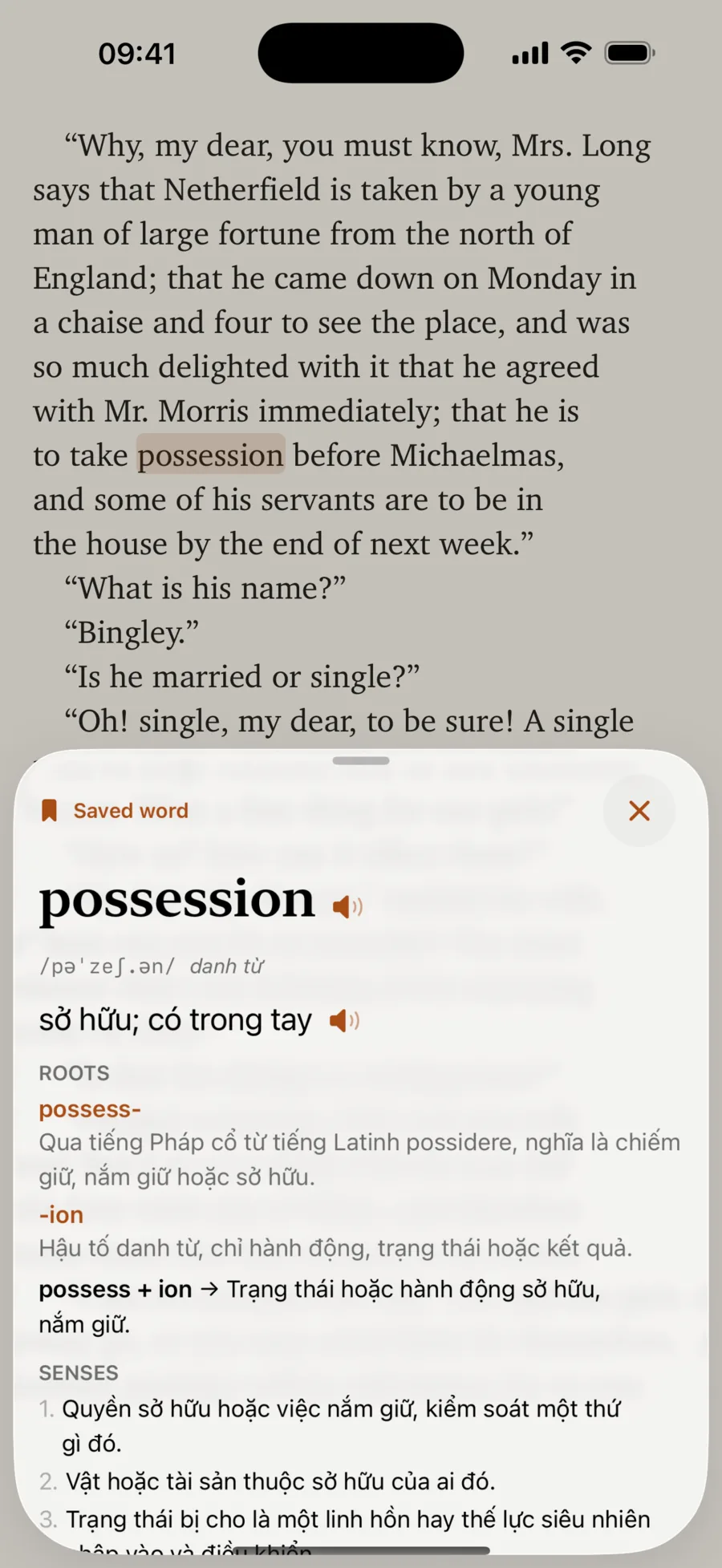 A word card for “possession” over a page of Pride and Prejudice, showing its pronunciation, translation, roots and senses
