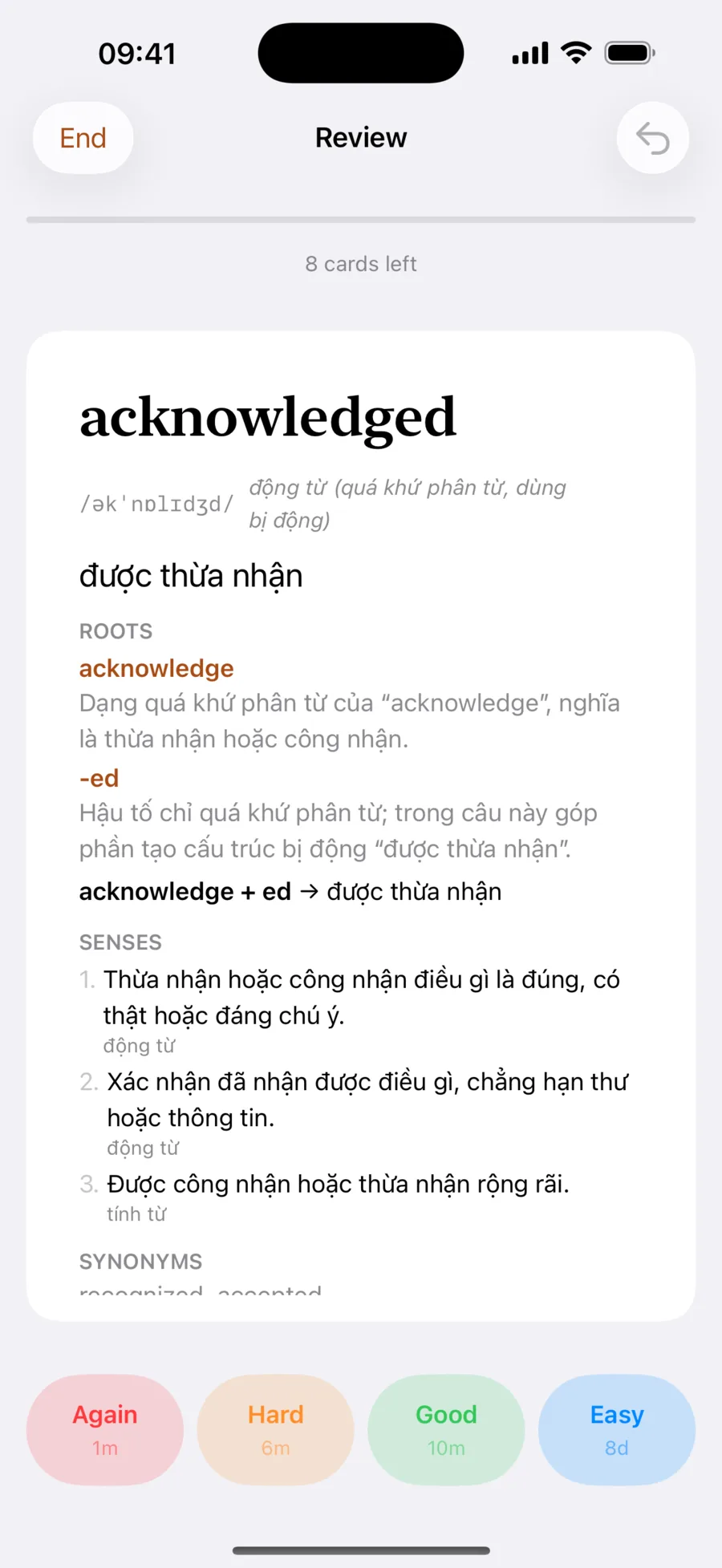 A flashcard for “acknowledged” with Again, Hard, Good and Easy buttons